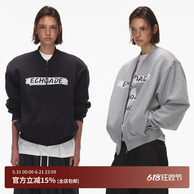 ECHOADE宽松版胶带印花棒球服上衣早春精致长袖卫衣拉链夹克外套