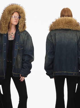 ECHOADE重磅丹宁水洗做旧破坏工艺毛领大廓形牛仔夹克外套