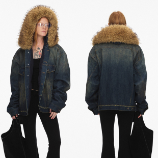 ECHOADE重磅丹宁水洗做旧破坏工艺毛领大廓形牛仔夹克外套