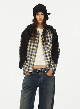 ECHOADE复古时髦 精选100%棉黄蓝格纹短款H版型收腰经典格纹衬衫