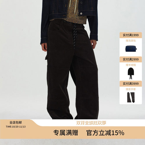 ECHOADE 复古怀旧 工装阔腿直筒裤型粗条灯芯绒多口袋工装裤