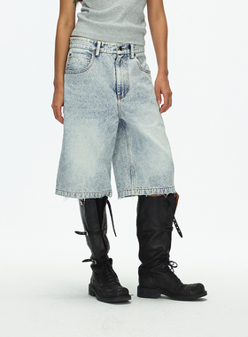 ECHOADE复古摩登 自然炒雪花水洗效果 直筒阔腿版型磨毛牛仔中裤