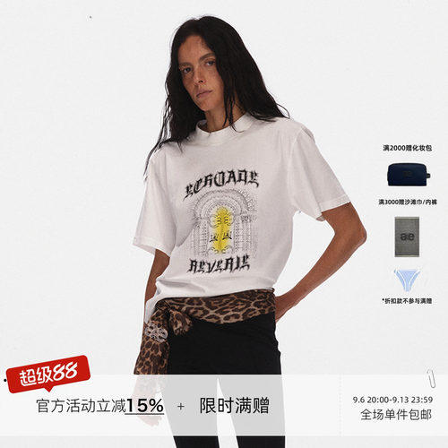 ECHOADE 经典美式街头氛围短袖哥特印花T恤透气亲肤圆领上衣