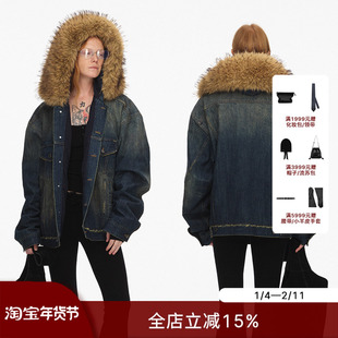 ECHOADE重磅丹宁水洗做旧破坏工艺毛领大廓形牛仔夹克外套