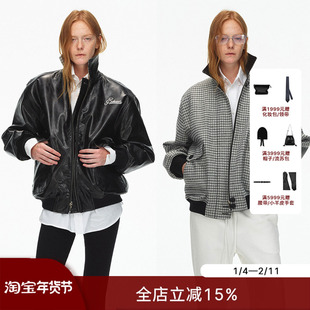 ECHOADE复古摩登 宽松版型 千鸟格拼黑皮双面穿皮夹克外套