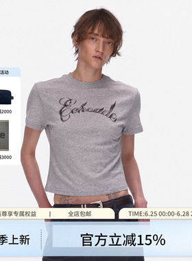 ECHOADE轻薄柔软经典小圆领利落短款正肩版型手绘logo印花短袖T恤