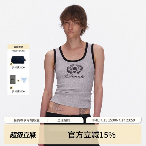 ECHOADE软糯亲肤 高支弹力罗纹修身撞色U领设计美式徽章印花背心