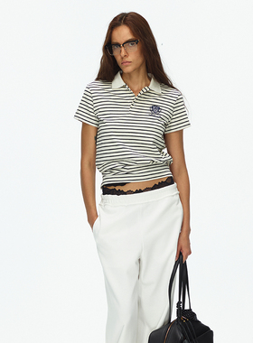 ECHOADE经典时髦 精选柔软纯棉材质 知识分子风条纹Polo衫短袖T恤