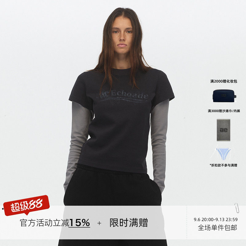 ECHOADE假两件双袖撞色拼接正肩修身版型小圆领logo印花长袖T恤图片