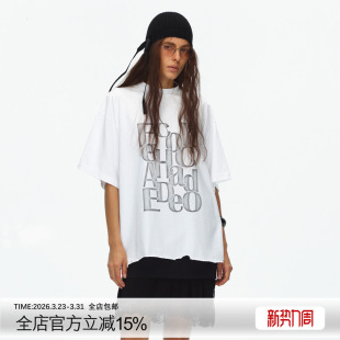 ECHOADE甄选100%精梳棉不规则做旧水洗破洞设计宽松小圆领字母T恤