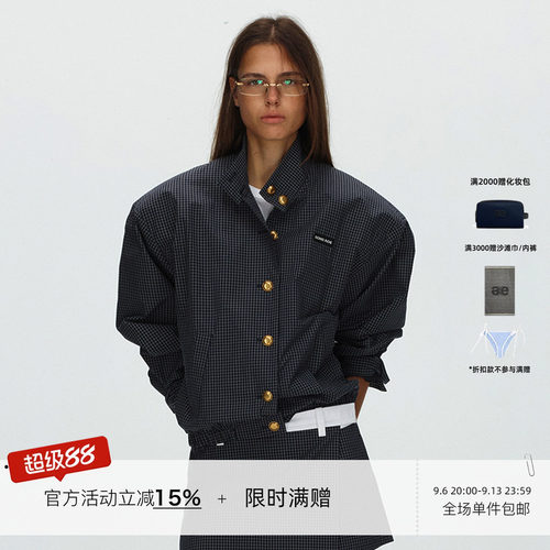 ECHOADE 复古时髦 宽松落肩版型立领结构设计格纹廓肩夹克外套