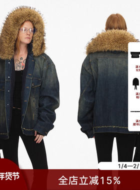 ECHOADE重磅丹宁水洗做旧破坏工艺毛领大廓形牛仔夹克外套