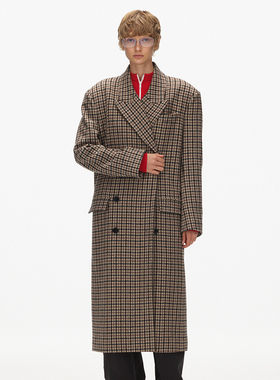 ECHOADE时髦力量 双排扣翻领设计千鸟格长款羊毛西装大衣