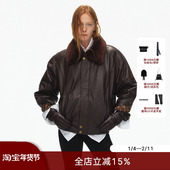 ECHOADE复古摩登 立领落肩设计100%牛皮可拆卸毛领皮夹克外套