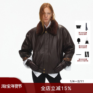 ECHOADE复古摩登 立领落肩设计100%牛皮可拆卸毛领皮夹克外套