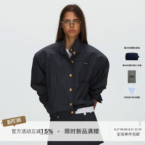 ECHOADE 复古时髦 宽松落肩版型立领结构设计格纹廓肩夹克外套
