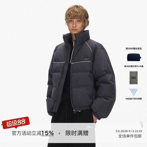 ECHOADE格纹立领短款面包羽绒服