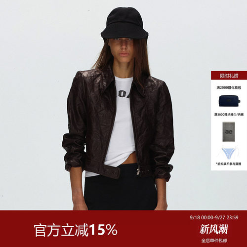 ECHOADE 复古做旧 褶皱修身进口1oo%羊皮夹克外套早秋酷飒上衣