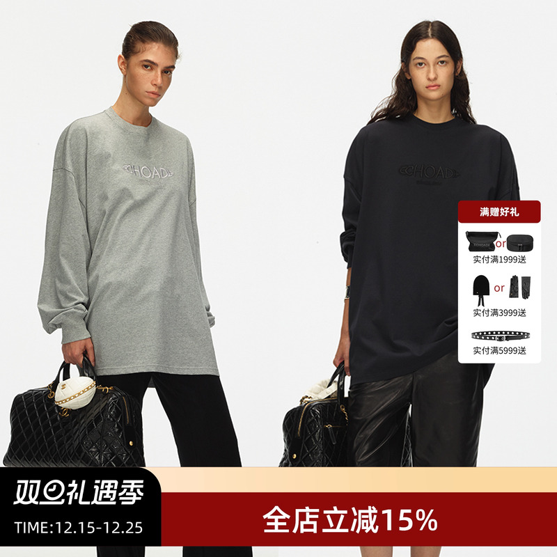 ECHOADE小圆领大廓形刺绣长袖T恤