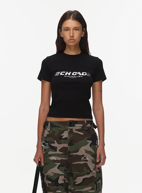 ECHOADE经典紧身短裁小版型 仿烫银字母印花正肩修身百搭基础T恤