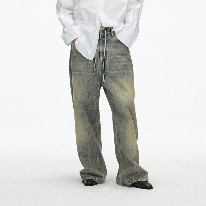 ECHOADE做旧落色水洗阔腿牛仔裤