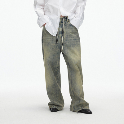 ECHOADE做旧落色水洗阔腿牛仔裤