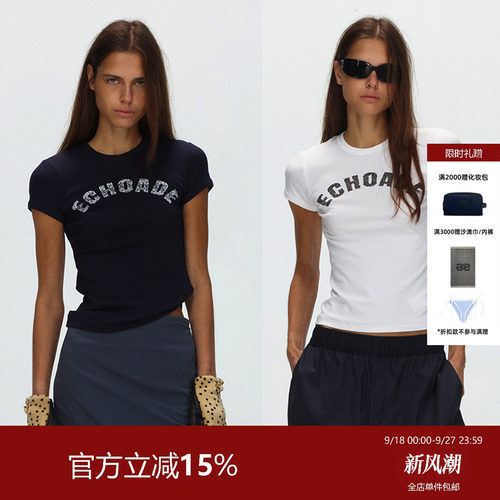 ECHOADE 时髦经典 蕾丝印花短袖亲肤修身T恤