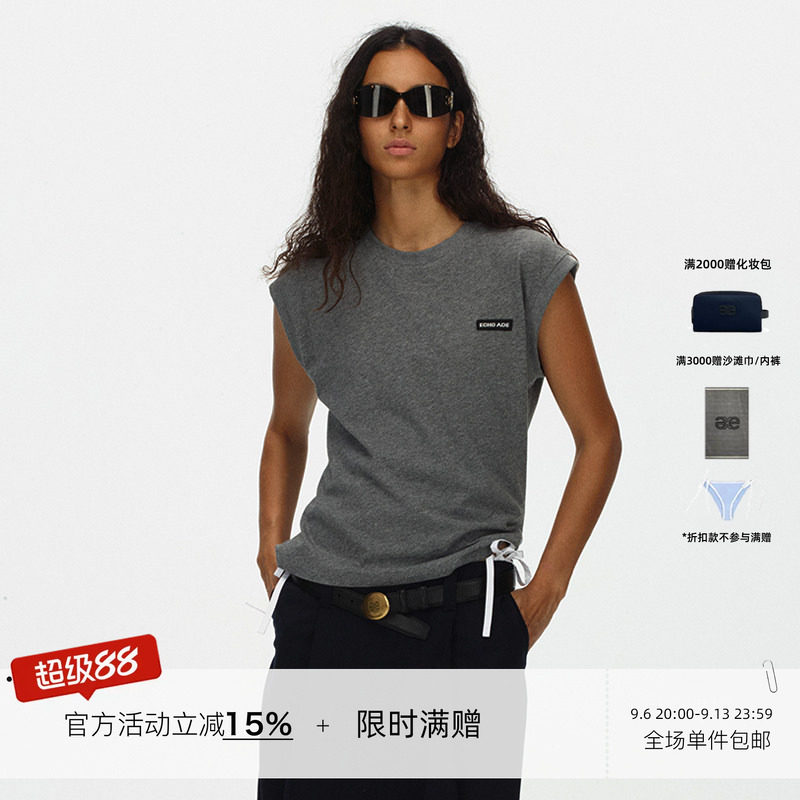 ECHOADE 轻薄软糯 轻盈透气圆领开肩设计宽松T恤叠穿短款无袖上衣图片