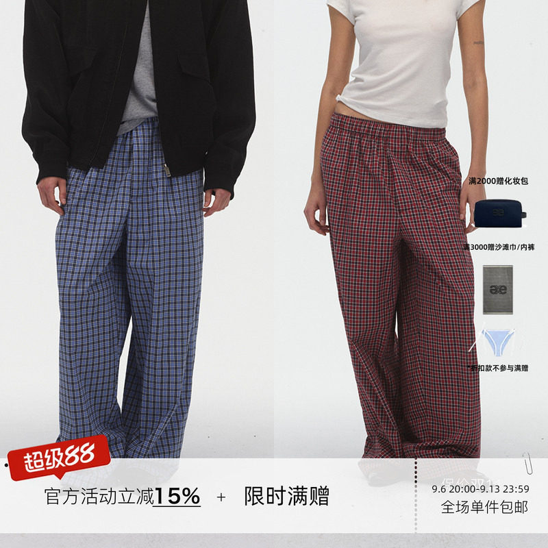 ECHOADE经典格纹 轻盈透气慵懒松弛松紧腰设计宽松阔腿格子裤图片