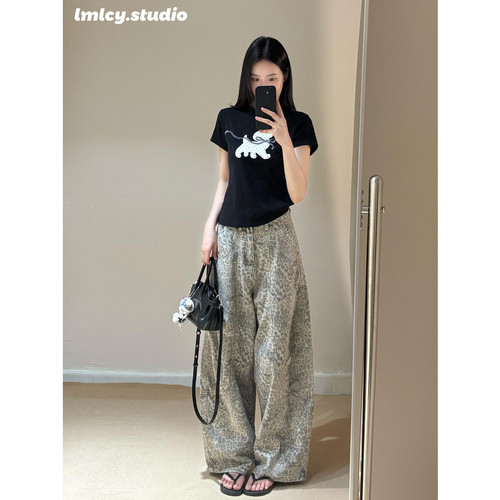 LMLCY｜豹纹美式复古阔腿牛仔裤女高腰宽松垂感显瘦弯刀直筒裤子