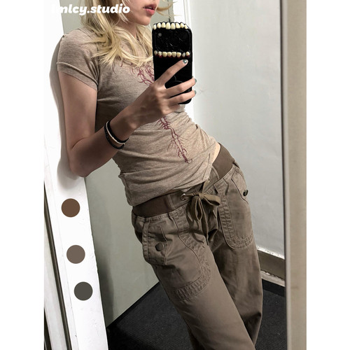 LMLCY｜咖棕色抽绳工装Y2K牛仔裤女美式复古低腰宽松显瘦微喇叭裤