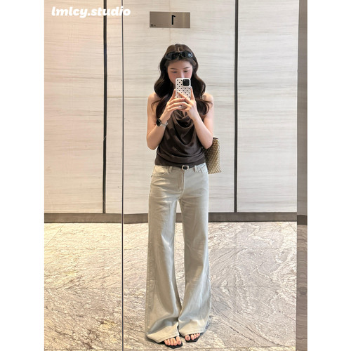 LMLCY｜老钱风拿铁色低腰牛仔裤女复古弹力显瘦不贴腿微喇叭裤子