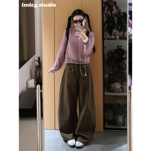 LMLCY｜美拉德棕色工装阔腿牛仔裤女秋冬复古宽松直筒显瘦弯刀裤