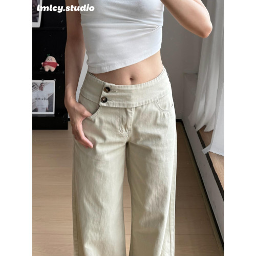 LMLCY｜浅卡其色双腰扣阔腿牛仔裤女美式复古宽松显瘦直筒休闲裤