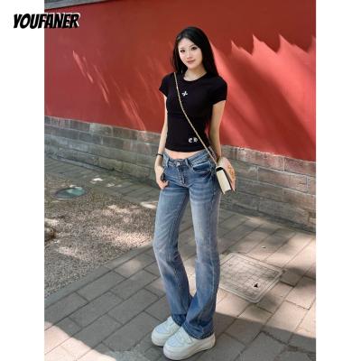 蓝色水洗低腰微喇叭牛仔裤女美式复古窄版直筒修身弹力显瘦猫爪裤