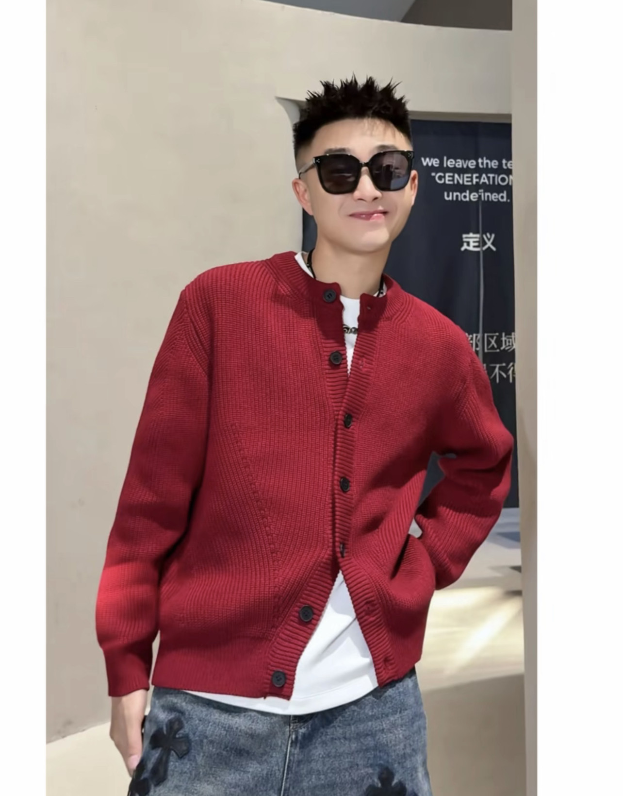 206新年红色圆领针织开衫冬季加厚男士休闲简约纽扣毛衣外套男生