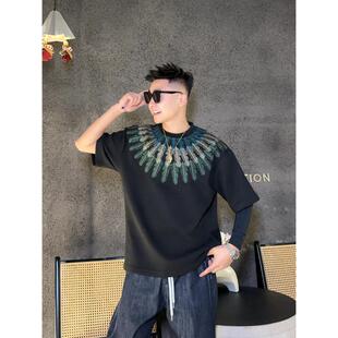 99718冬季重磅加厚全棉短袖男生潮流百万针刺绣羽毛圆领五分袖男