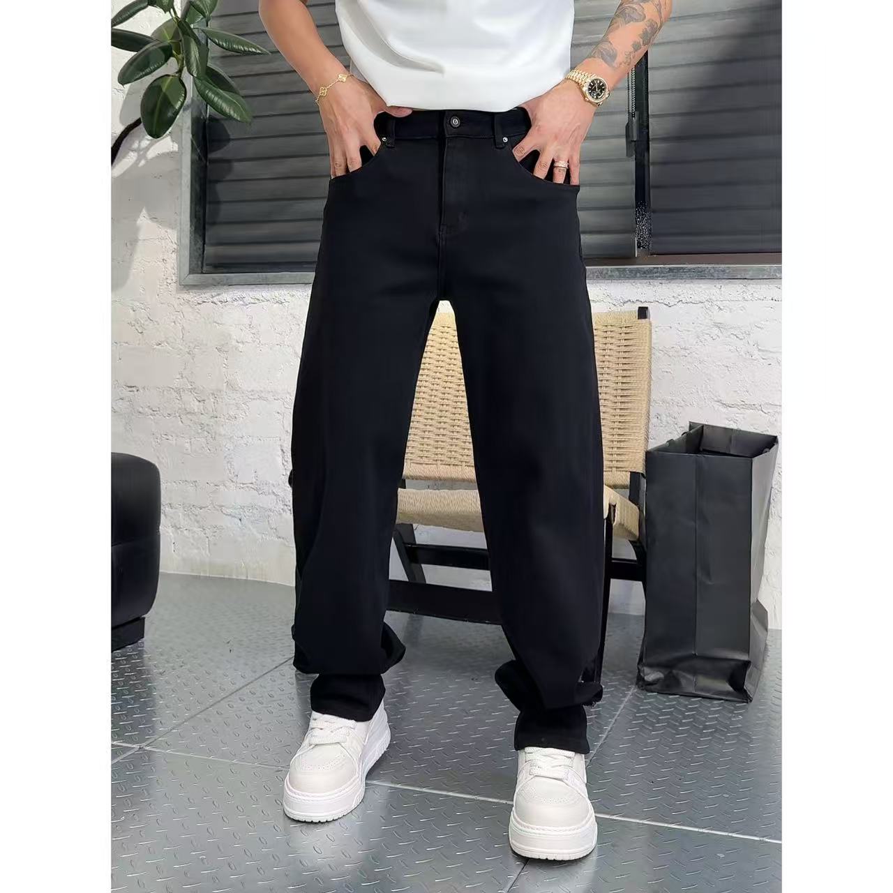 25633八面弹力水洗牛仔裤秋季新款休闲显瘦直筒牛仔长裤子男微修
