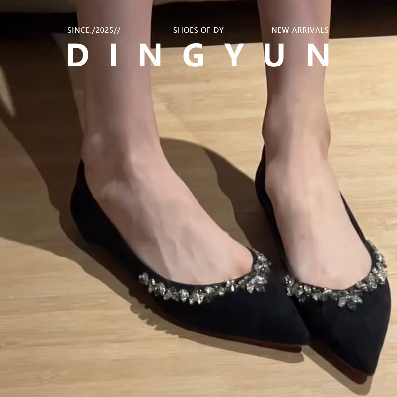 法式水钻尖头单鞋通勤百搭低跟鞋