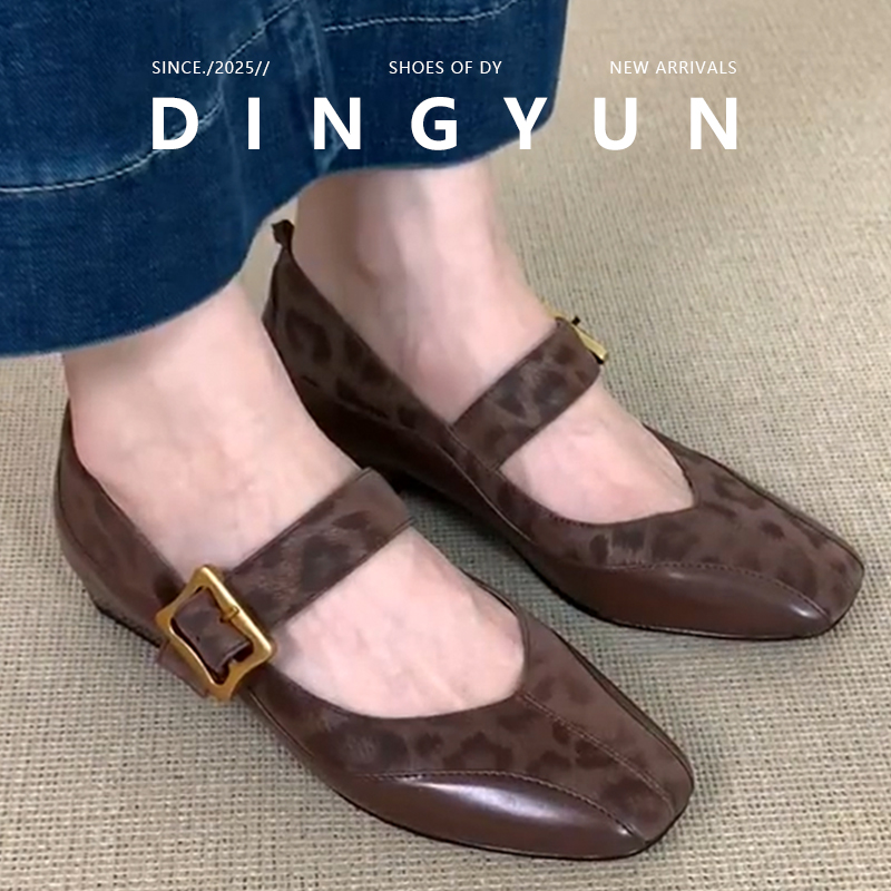 复古豹纹拼色粗跟玛丽珍鞋