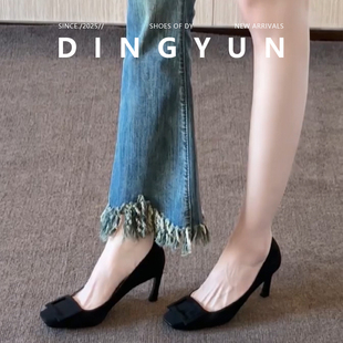 羊皮版dingyun丁允黑色绒面高跟鞋细跟通勤高级方头女鞋春夏单鞋