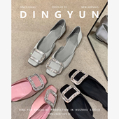 夏新款 丁允dingyun法式 方头水钻方扣浅口缎绸平底RV中空单鞋 休闲