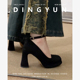 羊皮版 小个子 方头玛丽珍单鞋 dingyun丁允黑色高跟鞋 绒面粗跟凉鞋