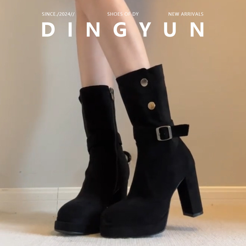 复古皮带扣短靴高跟鞋小个子韩系