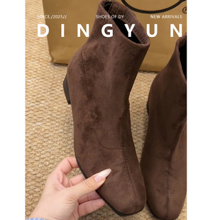 羊皮版dingyun丁允百搭时尚短筒绒面靴子女简约内增高马丁靴方头