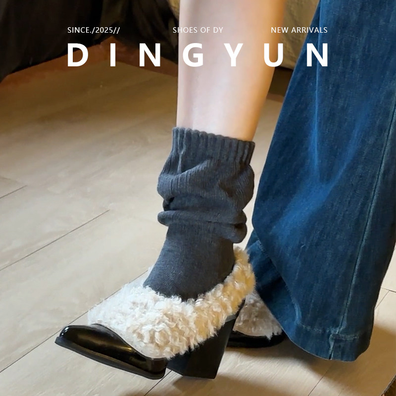 尖头粗跟毛毛鞋复古辣妹乐福鞋