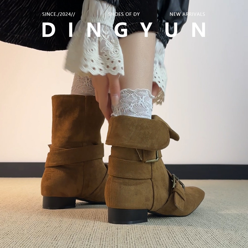 韩版新款复古两穿短靴皮带扣方头