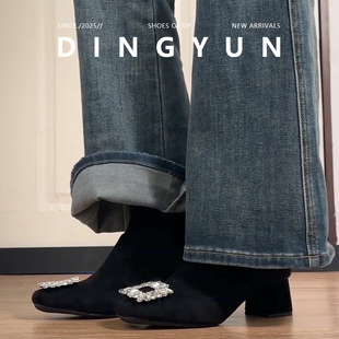 羊皮版dingyun丁允法式绒面瘦瘦靴水钻优雅气质轻奢高跟粗跟短靴