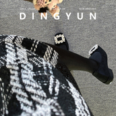 羊皮版 浅口 厚黑粗跟女鞋 dingyun丁允方钻高跟鞋 秋冬加绒方头单鞋