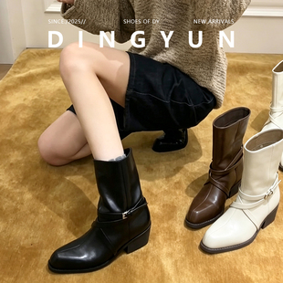 【丁允】复古时髦切西尔靴皮带扣方头粗跟马丁靴小众辣妹拼接短靴